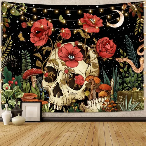 Miniatura 3 de kampdream Tapiz floral de calavera, esqueleto, hongo, gótico, jardín, tapiz estético para dormitorio (36.00 x 48.00 pulgadas, negro rosa)