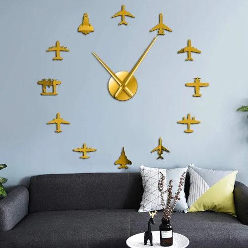 Miniatura 11 de The Geeky Days Flying Plane Fighter Jet - Reloj de pared grande sin marco, estilo acrílico, efecto espejo, adhesivo, avión, silencioso, cuarzo, Plata