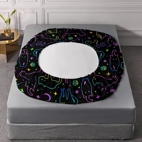 Miniatura 8 de Axolotl Juego de sábanas de gato negro de dibujos animados tamaño full, diseño de estrellas y luna impreso, ropa de cama para niños para decoración