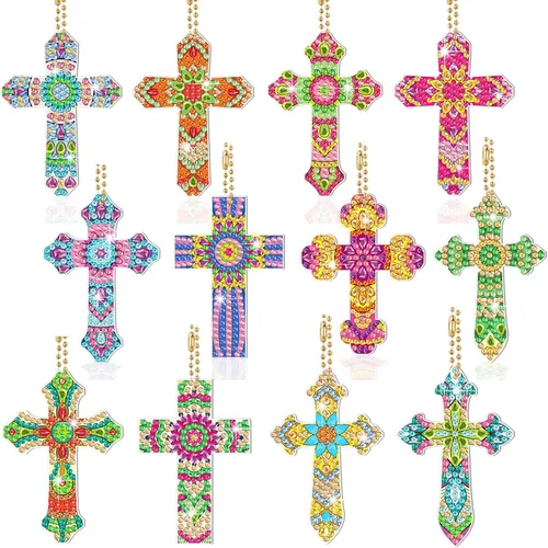 Glenmal 12 llaveros de pintura de diamante de Pascua, kits de llaveros de arte de diamantes de cruz para adultos, cruces religiosas, adornos 5D,
