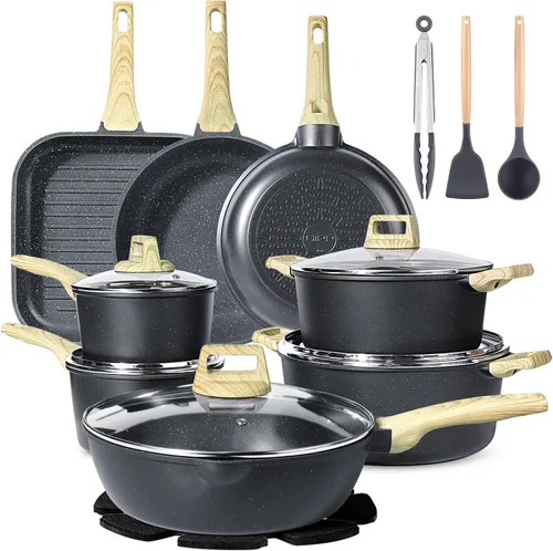 GiPP Juego de ollas y sartenes antiadherentes, juego de utensilios de cocina de cerámica gris, utensilios de cocina de inducción antiadherentes,