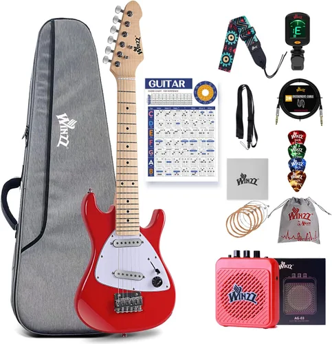 Miniatura 10 de WINZZ - Guitarra eléctrica para niños de 30 pulgadas, kit para principiantes, tamaño 1/4 mini, juego completo de iniciación con amplificador