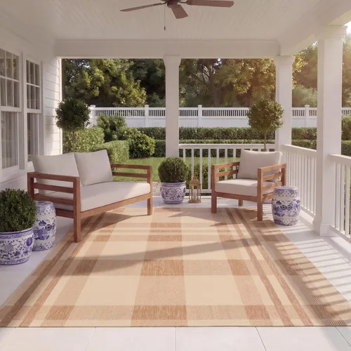 Miniatura 68 de SAFAVIEH Alfombra Lavable para Exteriores Colección Courtyard - 2'3" x 4', Beige y Azul, Patrón a Cuadros, No Desprende Pelusa y Fácil Limpieza