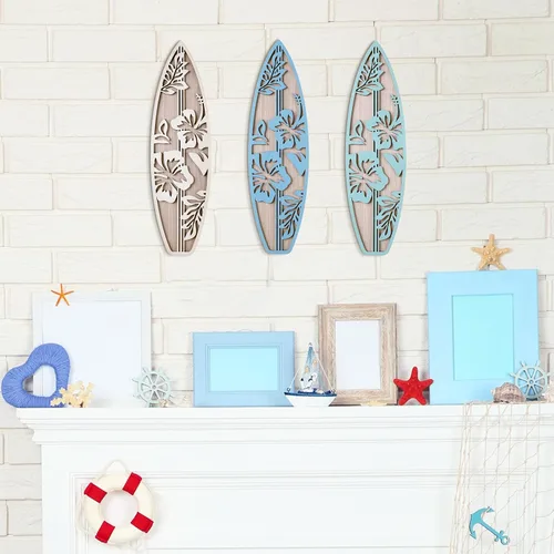 Miniatura 4 de RattanView 3 piezas de decoración de tabla de surf para dormitorio, decoración de pared de playa de madera, tabla de surf de madera de verano