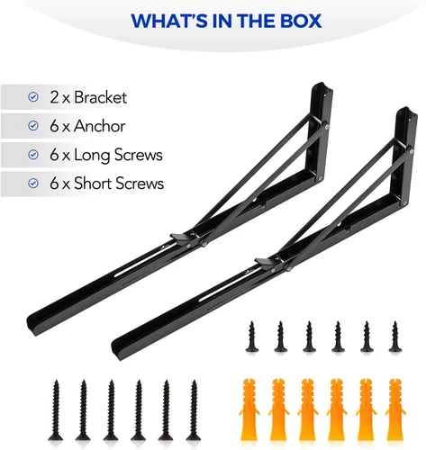 Miniatura 9 de Ravinte - Paquete de 2 soportes plegables de 20 pulgadas para estantes - Negro mate, soportes plegables resistentes para mesas y bancos - Diseño que