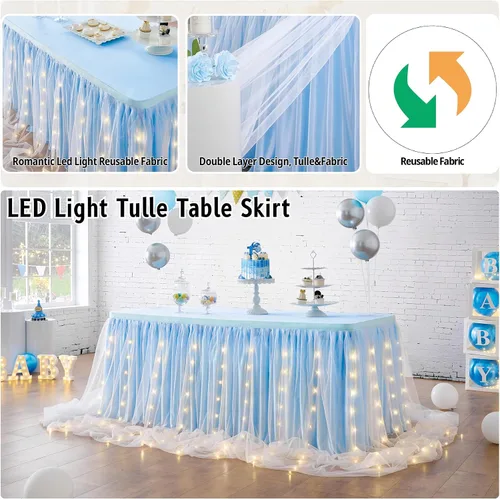 Miniatura 2 de Falda de mesa de tul con volantes,tutú de mesa LED, rosa, blanco, azul o gris. Falda para mesas rectangulares, para baby shower, boda o decoración