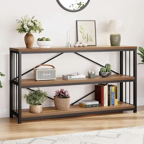 Miniatura 15 de LVB Mesa consola industrial, mesa de sofá de metal y madera, mesa de entrada rústica con almacenamiento, moderno estante de 3 niveles mesa larga