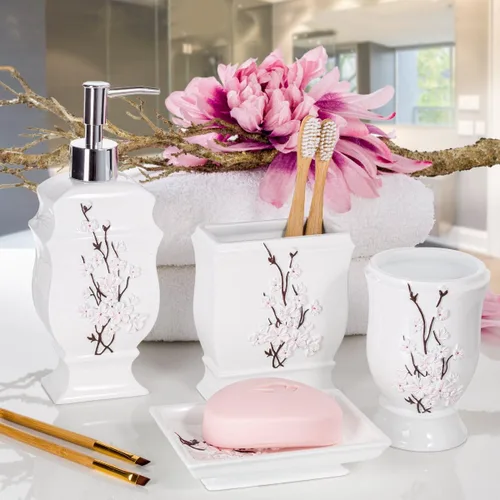 Miniatura 2 de Creative Scents Vanda - Juego de accesorios de baño blanco con flor de cerezo, juego de 4 dispensadores de jabón de baño floral incluye: dispensador