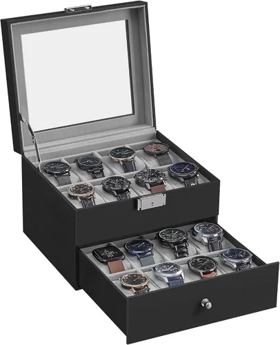 Miniatura 7 de SONGMICS Caja de reloj de 16 ranuras, caja de reloj con tapa de vidrio, 2 capas, vitrina de reloj con cerradura, cuero sintético negro, forro gris