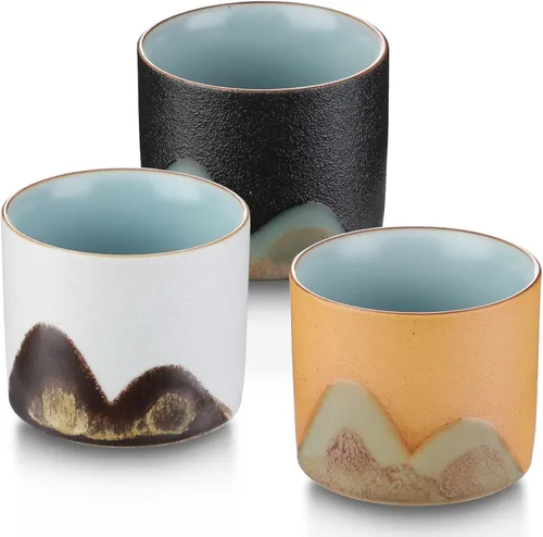 Juego de 3 tazas de té de cerámica, tazas de té japonesas pequeñas, taza de sake de porcelana, juego de té Kung Fu estilo retro (estilo 1#)
