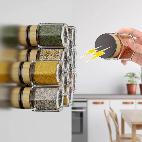 Miniatura 3 de Juego de 12 latas magnéticas de vidrio para especias Vetacsion con 180 etiquetas adhesivas para condimentos