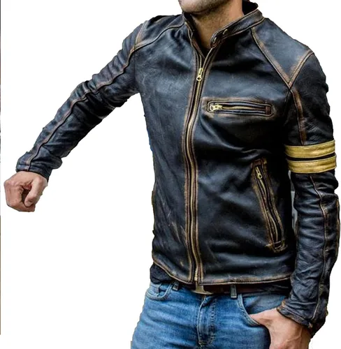 Miniatura 2 de UGFashions Distressed Leather Jacket Men Motorcycle Jacket Cafe Racer Brown Biker Jacket