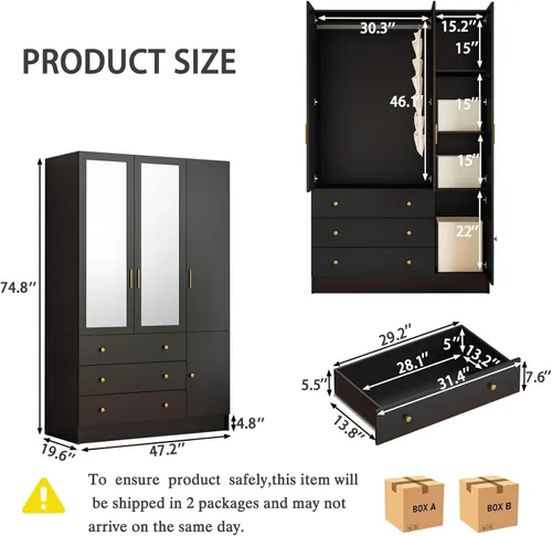 Miniatura 2 de Armario LED de 3 puertas con espejo, armario de madera moderno de 75 pulgadas de alto con 3 cajones, armario de almacenamiento de ropa independiente