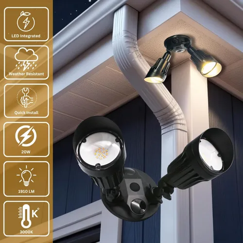Miniatura 2 de Luz de Inundación LED Negra de 2 Luces Tipo Bala - 3000K Cabezal Doble Ajustable Cableado Directo Luz de Seguridad Exterior, Luz Focal Impermeable