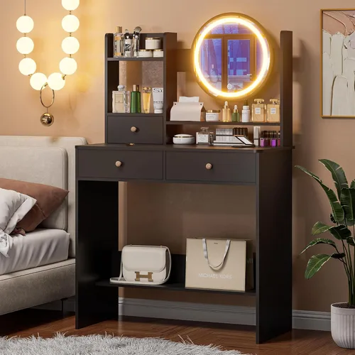Escritorio de tocador con espejo iluminado LED, escritorio de tocador de maquillaje con 3 cajones y estantes de almacenamiento, 3 modos de color,