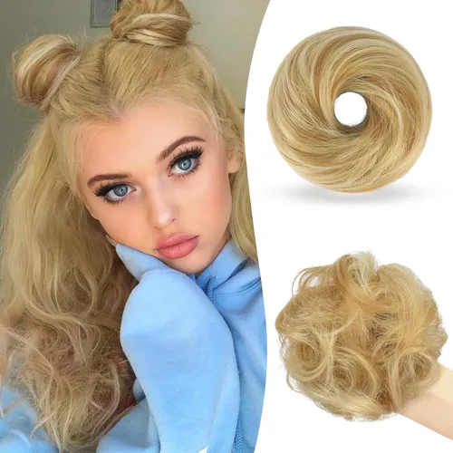 Miniatura 25 de Sofeiyan 2 piezas de extensión de cabello rizado ondulado en forma de moño desordenado, mini moño desordenado con banda elástica, peluca sintética