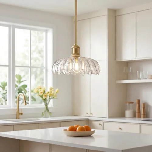 FEMILA Lámpara colgante dorada de 10.4 pulgadas, iluminación colgante vintage con vidrio de flores, luz colgante para cocina, isla, dormitorio,