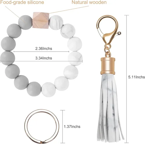 Miniatura 2 de Weixiltc Llavero para mujer, pulsera de cuentas de silicona, llavero con borla de cuero