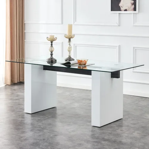 FURNITO Mesa de comedor de vidrio de 71 pulgadas para 6 a 8,0,39 pulgadas de superficie de vidrio grueso con mesa de comedor de pedestal de MDF Mesa