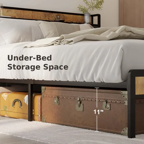 Miniatura 6 de Gizoon Base de cama Queen con cabecera y estribo para dormitorio, cama de plataforma de metal con almacenamiento debajo de la cama, soporte de metal