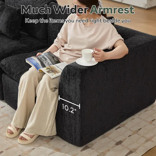 Miniatura 7 de STHOUYN Sofás Seccionales Modernos Negros de 114" sin Estructura para Sala de Estar, Sofá Nube Modular Negro en Forma de L con Otomana, Cómodo Sofá
