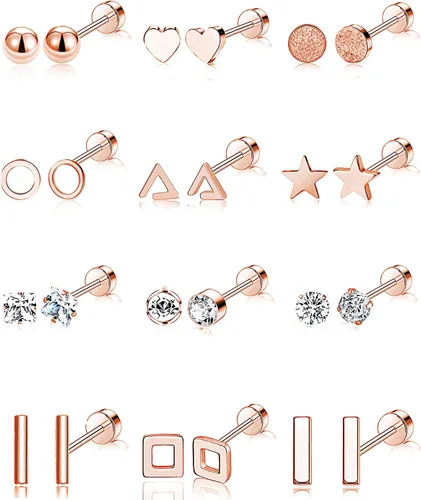 Colección de 12 pares de aretes geométricos tipo dormilona de acero inoxidable con forma de estrella, luna, cruz, bola, triángulo, corazón y