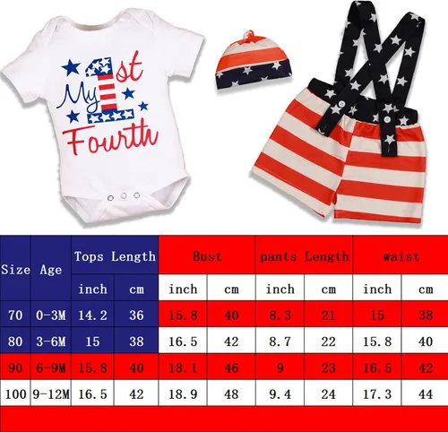 Miniatura 7 de Traje del Día de la Independencia para bebé niño recién nacido 4 de julio, traje para niño con mi primer día de la independencia, traje + sombrero 3