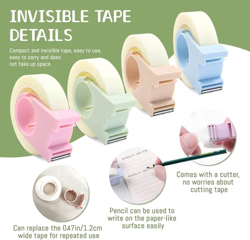 Miniatura 3 de Juego de 4 cintas invisibles con mini dispensador, cinta mágica de 1/2 pulgada, cinta transparente para escritura, reparación portátil para oficina