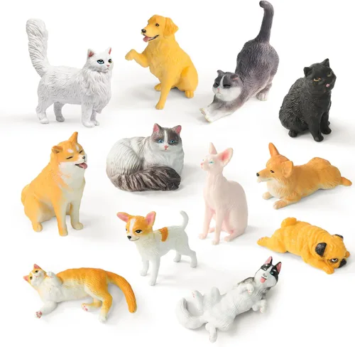 RECUR Figuras de animales de gatos y perros, figura en miniatura para tartas, 100% pintada a mano, mini figura de mascotas para niños, 12 unidades