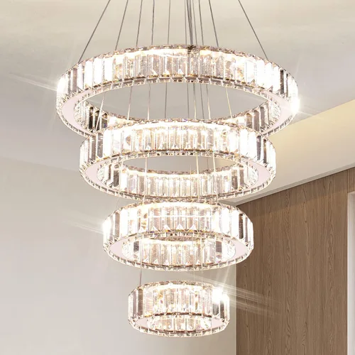 Miniatura 9 de Candelabro LED de 4 anillos para comedor, moderna lámpara de cristal colgante, lámparas de techo alto para dormitorio, sala de estar, comedor