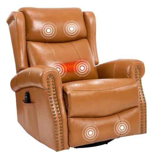 Miniatura 11 de PELUMY Silla reclinable giratoria de cuero transpirable para adultos, balancín giratorio de 360° con masaje térmico y vibratorio, silla de descanso