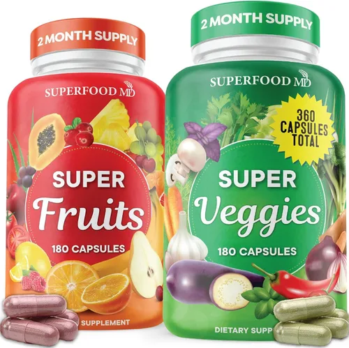 Superalimento de frutas y verduras - 360 suplementos integrales de superfrutas y vegetales y vitamina con beta-caroteno, sin soja - 180 unidades