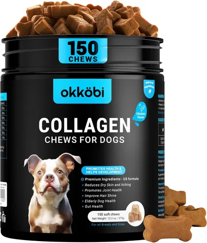 Colágeno para perros – 150 masticables – Suplemento para articulaciones, piel y pelaje con ácido hialurónico, membrana de cáscara de huevo y