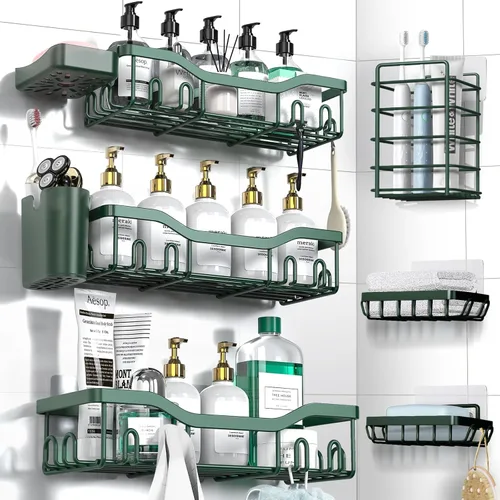Miniatura 19 de NESOMI Organizador de Ducha Adhesivo Juego de 7 Piezas, Estantes de Baño de Acero Inoxidable a Prueba de Óxido, Accesorios de Almacenamiento sin