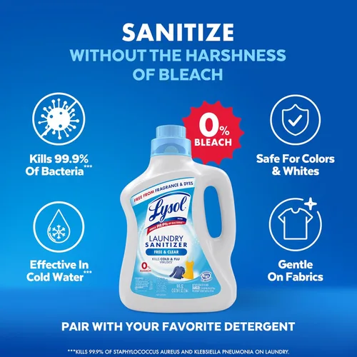 Miniatura 5 de Lysol Aditivo Sanitizante para Lavandería, Free & Clear, Libre de Fragancias y Colorantes, Sanitizante para Lavandería 0% Blanqueador, Eliminador