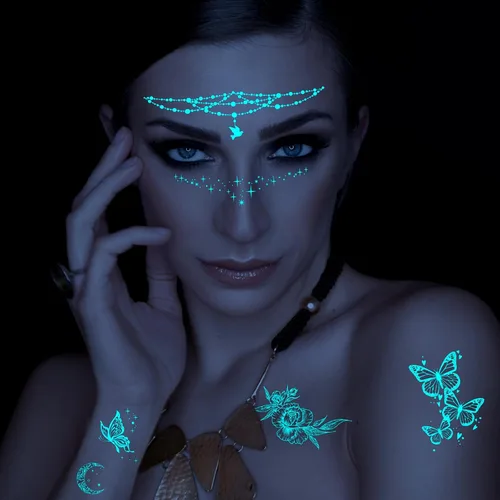 Miniatura 2 de Tatuaje realista de mariposa azul que brilla en la oscuridad, temporal para mujeres adultas, flor luminosa, mariposa, hoja, tatuaje, tatuaje falso