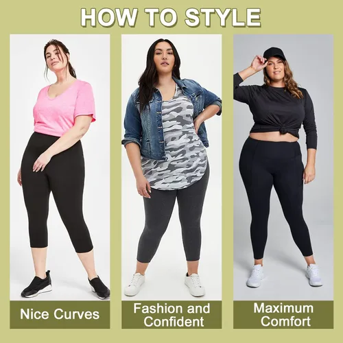 Miniatura 2 de HIGHDAYS 3 Pack Plus Size Capri Leggings with Pockets for Women- High Waist 3X-Large-4X Workout Yoga Pants
