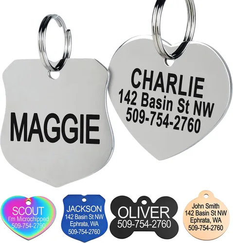 GoTags - Placa de identificación para mascotas, de acero inoxidable, etiquetas personalizadas para perros y gatos, hasta 8 líneas de texto