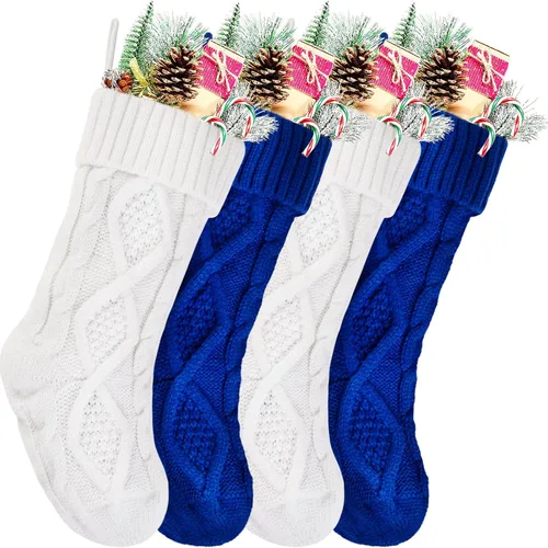 Miniatura 14 de Medias Navideñas a Granel, Medias Navideñas de Punto Trenzado Azul de 18 Pulgadas para Decoración de Fiestas de Navidad, Paquete de 4