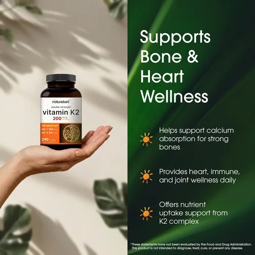 Miniatura 4 de NatureBell Suplemento de Vitamina K2 de Espectro Completo con MK-7 y MK-4, 200 mcg, 240 cápsulas Fórmula 2 en 1, complejo de vitaminas K – Apoya