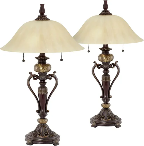 Kathy Ireland Amor - Juego de 2 lámparas de mesa tradicionales vintage de 26 pulgadas de alto, color bronce y marrón, mármol alabastro, cristal