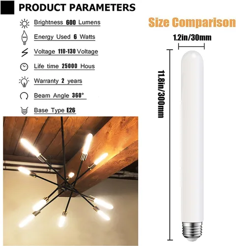 Miniatura 5 de Bombilla LED T10 de 11.8 pulgadas, base E26, ópalo mate de porcelana, blanco cálido 2700K, regulable Edison 6W, bombilla tubular LED, 500LM, T10