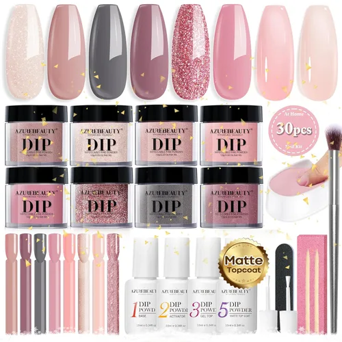 Miniatura 17 de AZUREBEAUTY Kit de uñas en polvo de inmersión, gelatina translúcida blanca lechosa, rosa desnudo, neutro, claro, 8 colores, juego de polvo