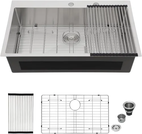 Miniatura 16 de Mocoloo Fregadero de barra de 13 pulgadas con caída en la parte superior, fregadero de cocina pequeño de acero inoxidable T304 de 13 x 15 pulgadas