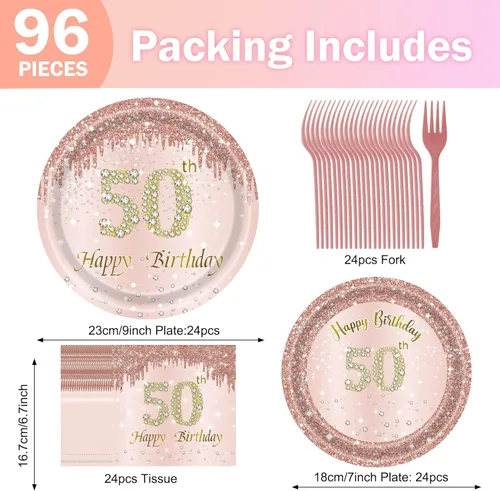 Miniatura 2 de Decoraciones de cumpleaños número 50 para mujer, platos de oro rosa, decoraciones de oro rosa, 96 platos de papel rosa y servilletas para niñas