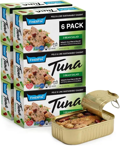 FinerFin Atún de aleta amarilla en aceite de oliva orgánico – 3 sabores de ensalada de frijoles (lata de 4.4 onzas – paquete de 6); pescado enlatado