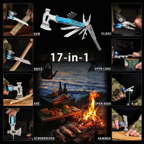 Miniatura 6 de Herramienta multifuncional 17 en 1 para exteriores con martillo, alicates, llaves, cuchillo utilitario, sierra, abridor de botellas, Azul