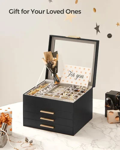 Miniatura 7 de SONGMICS Joyero organizador con tapa de vidrio, almacenamiento de joyas de 4 capas, con 3 cajones, estilo moderno, regalo de Navidad, 8 x 9.1 x 6.5