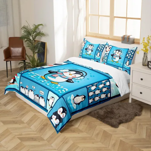 Miniatura 5 de Juego de funda de edredón de pingüinos de dibujos animados para niños, tamaño King, lindo juego de ropa de cama de esquí de animales árticos, Multi
