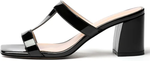 Miniatura 2 de SHOWFOREST Women's Square Toe Patent Slip On Casual Chunky Mid Heel Heeled Sandals 2.5 Inch
